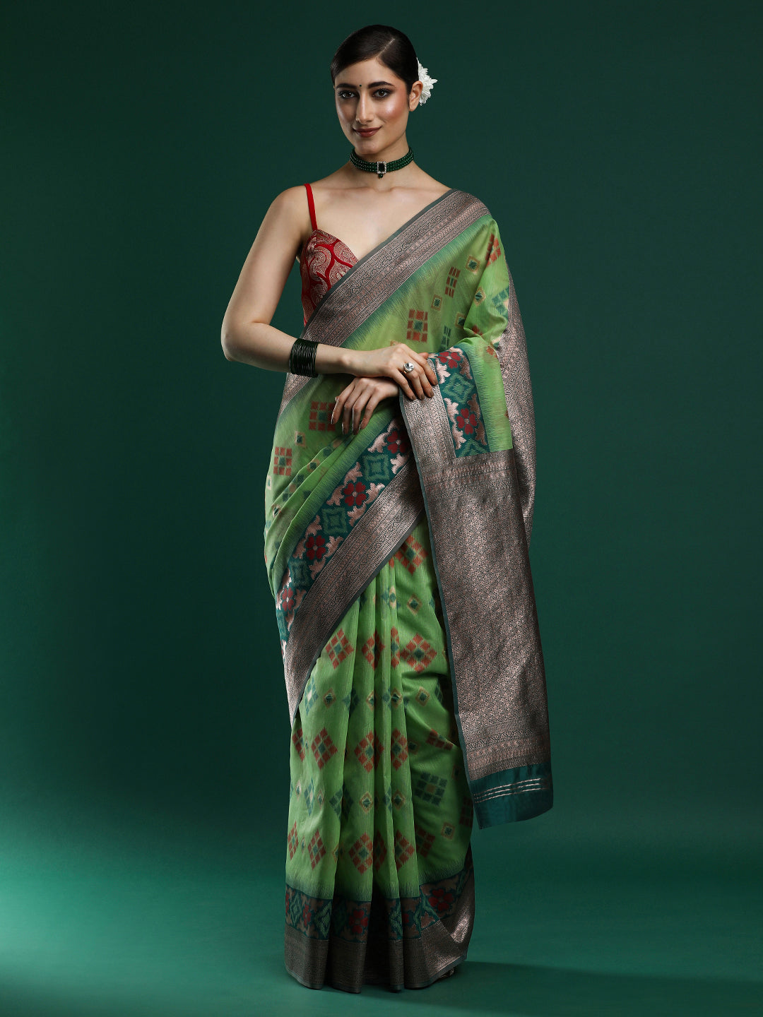 Woven Design Chanderi Cotton Saree in Green