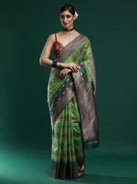 Woven Design Chanderi Cotton Saree in Green