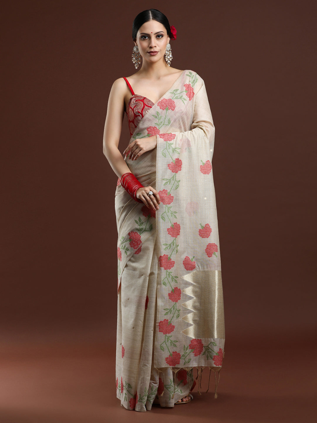 Woven Design Floral Muga Cotton Saree in Red Motifs