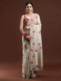 Woven Design Floral Muga Cotton Saree in Red Motifs