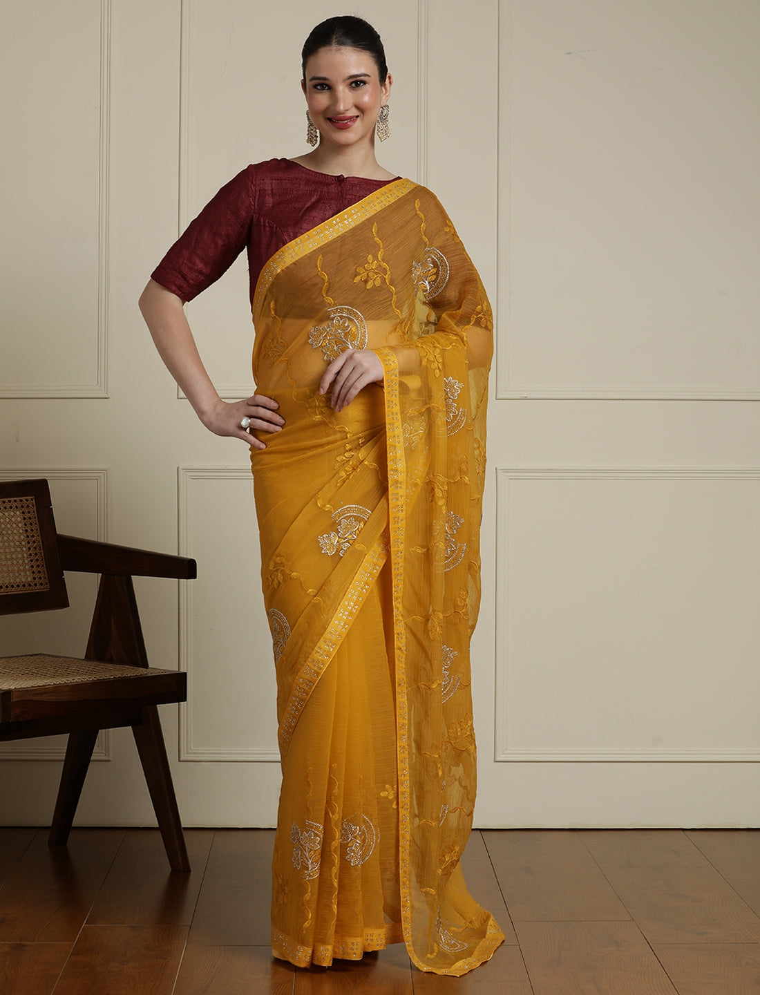 Floral Embellished Saree in Yellow