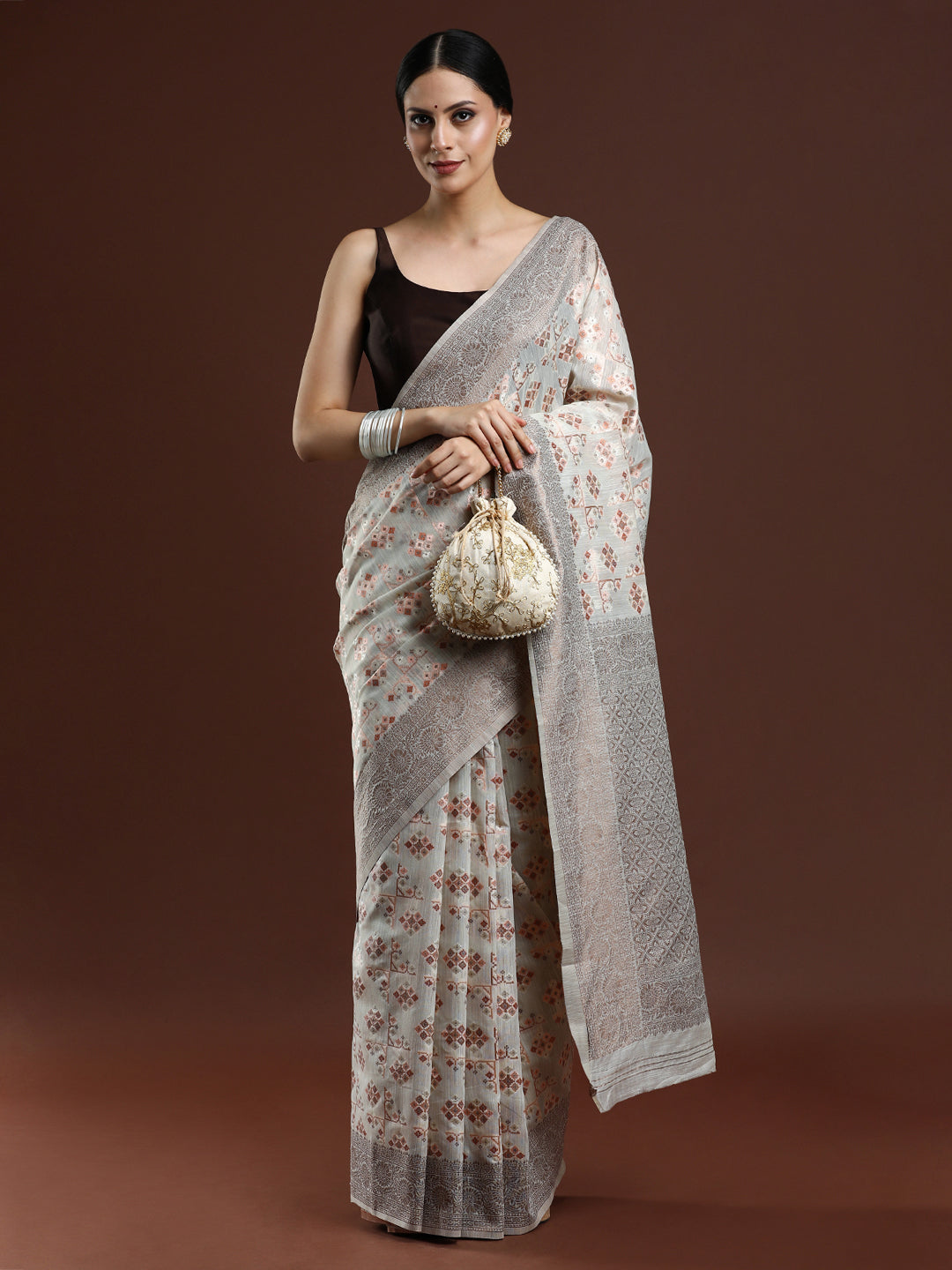 Woven Design Chanderi Cotton Saree in Light Grey