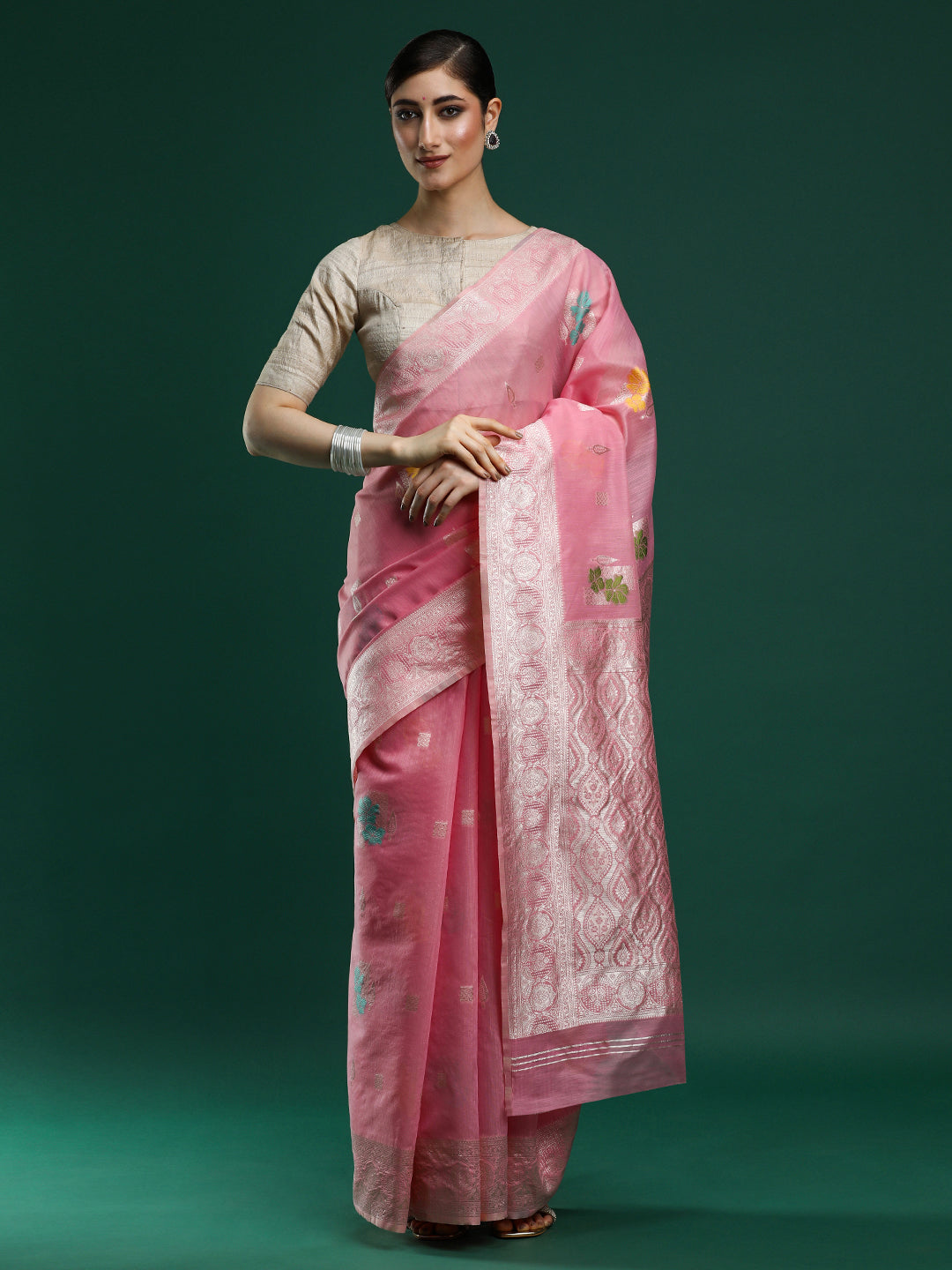 Woven Design Floral Chanderi Cotton Saree in Pink