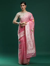 Woven Design Floral Chanderi Cotton Saree in Pink