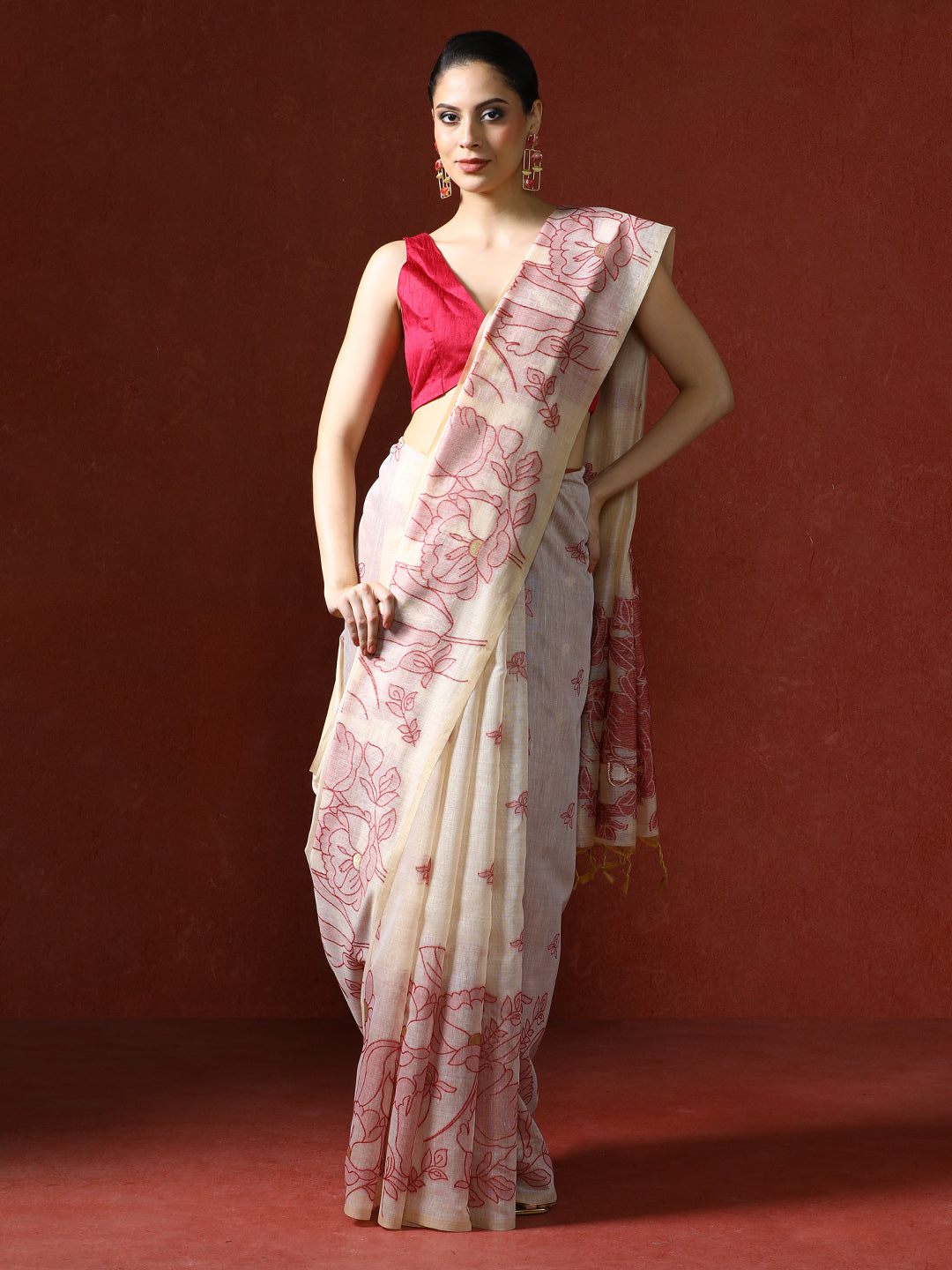 Floral Printed Zari Chanderi Saree in red