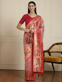 Floral Woven Design Zari Paithani Saree in Pink and Orange
