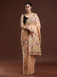 Woven Design Floral Muga Cotton Saree in Orange