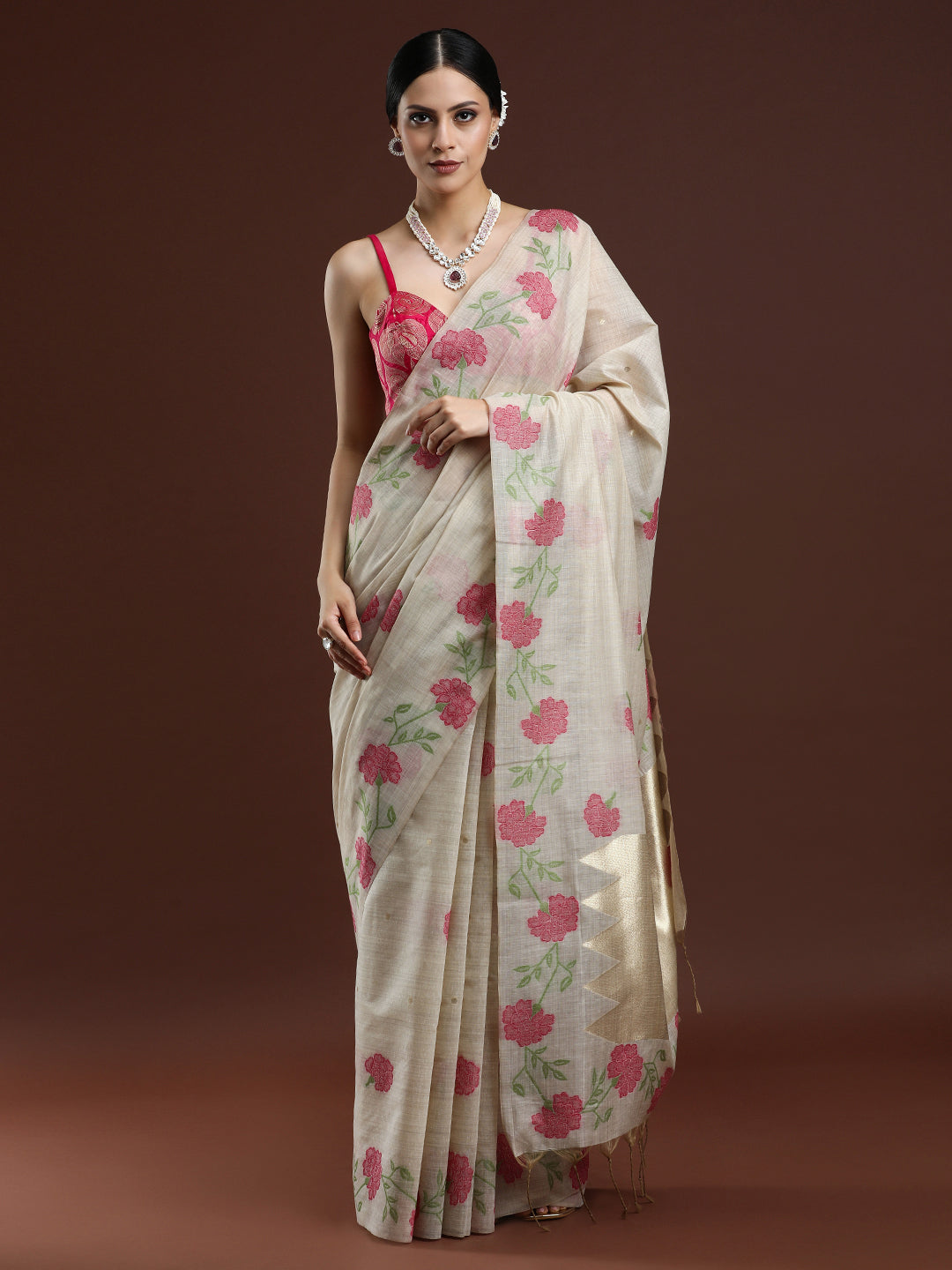 Woven Design Floral Muga Cotton Saree with Pink Motifs