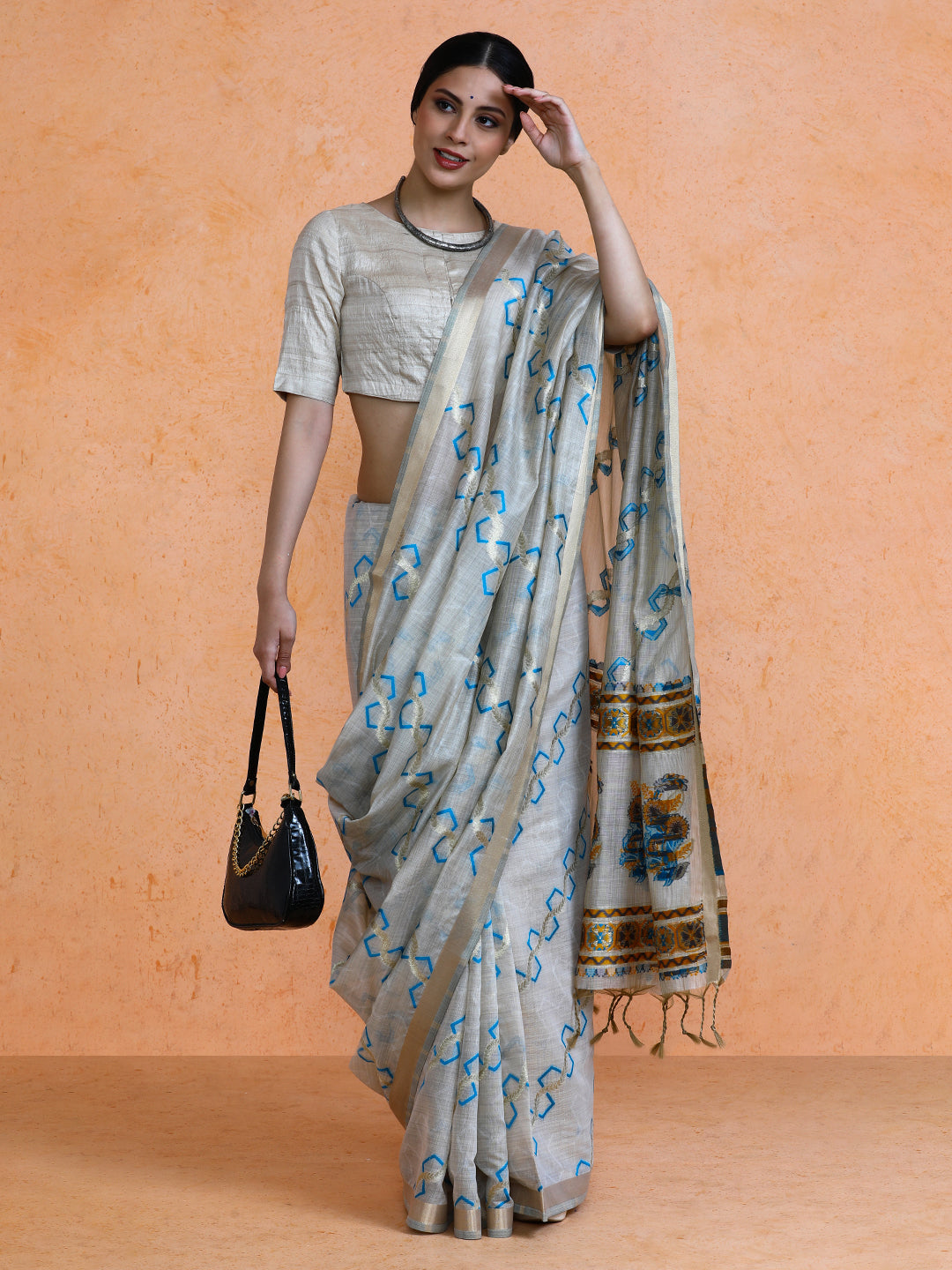 Devina Cotton in Beige with Sky Blue Motifs