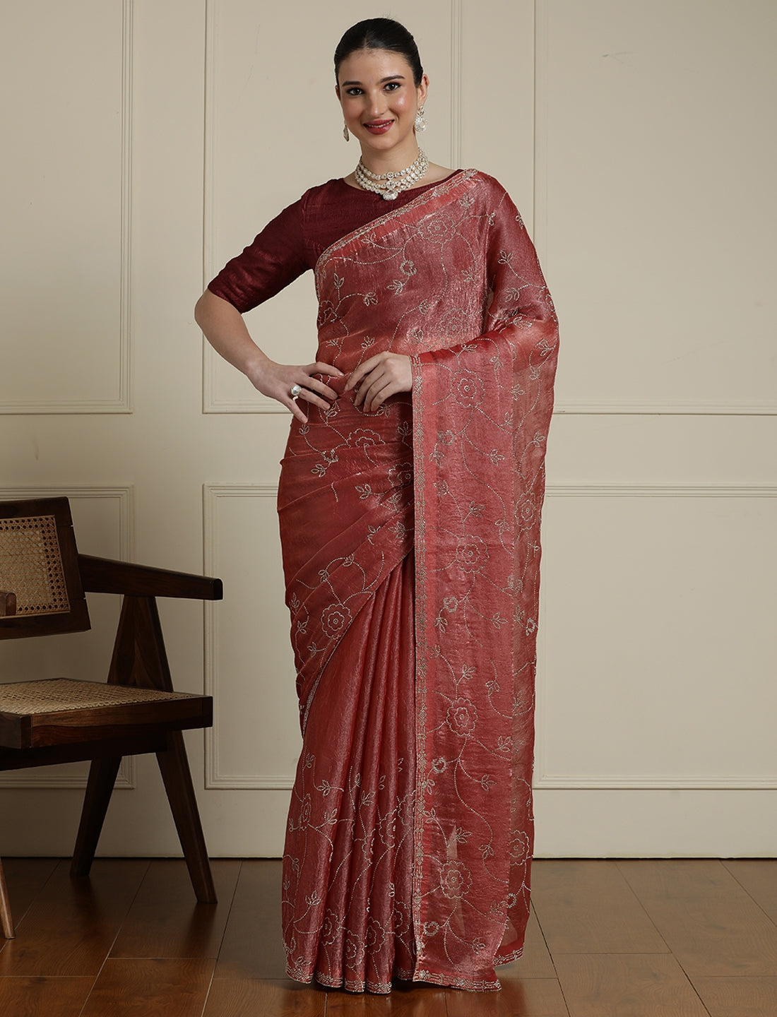 Embellished Saree With Unstitched Blouse in Peach