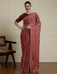 Embellished Saree With Unstitched Blouse in Peach
