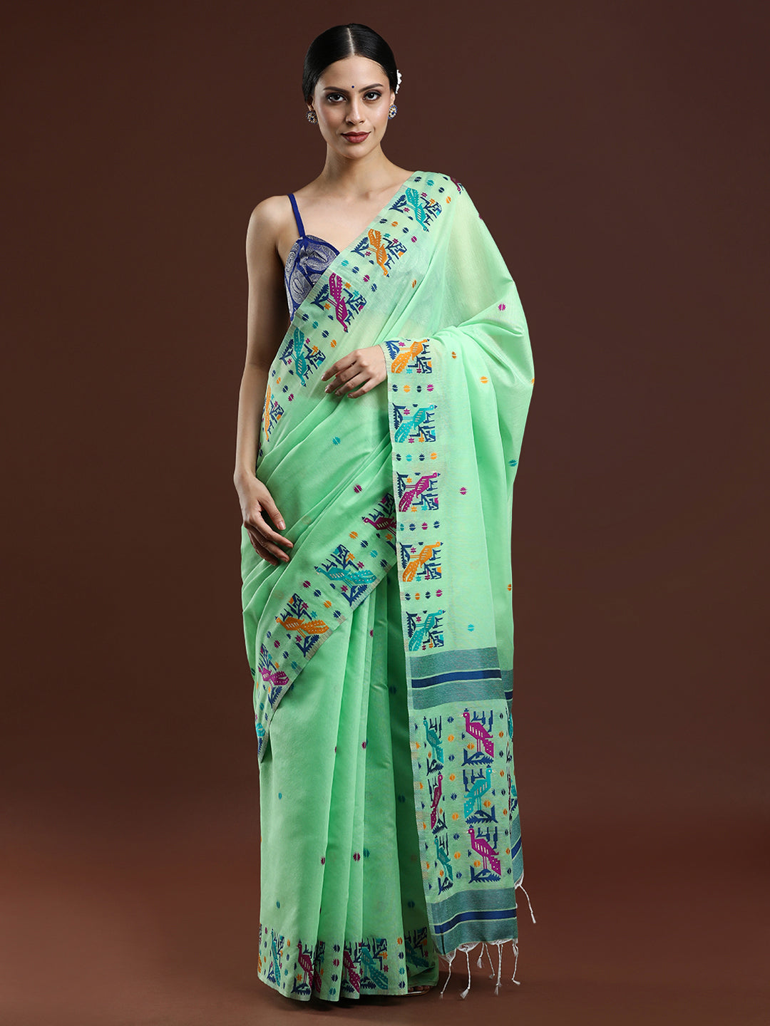Woven Design Ethnic Motif Muga Cotton Saree in Green