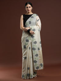 Woven Design Floral Muga Cotton Saree with Grey Motifs