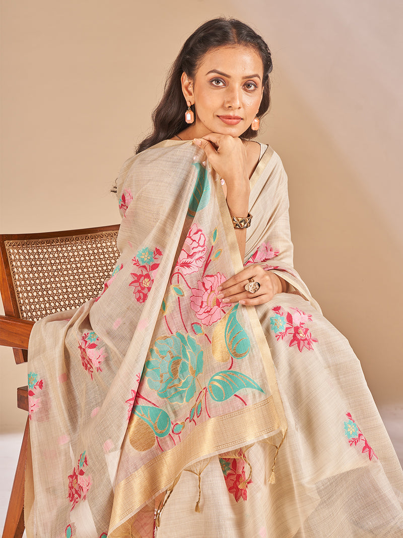 Leela Cotton In Beige With Hot Pink Motifs