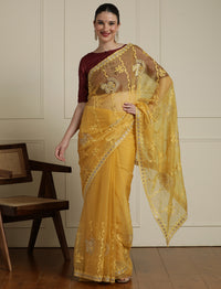 Floral Motifs Embroidered Saree with Unstitched Blouse in Yellow