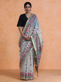 Aranya Cotton in Beige with Hot Pink Motifs