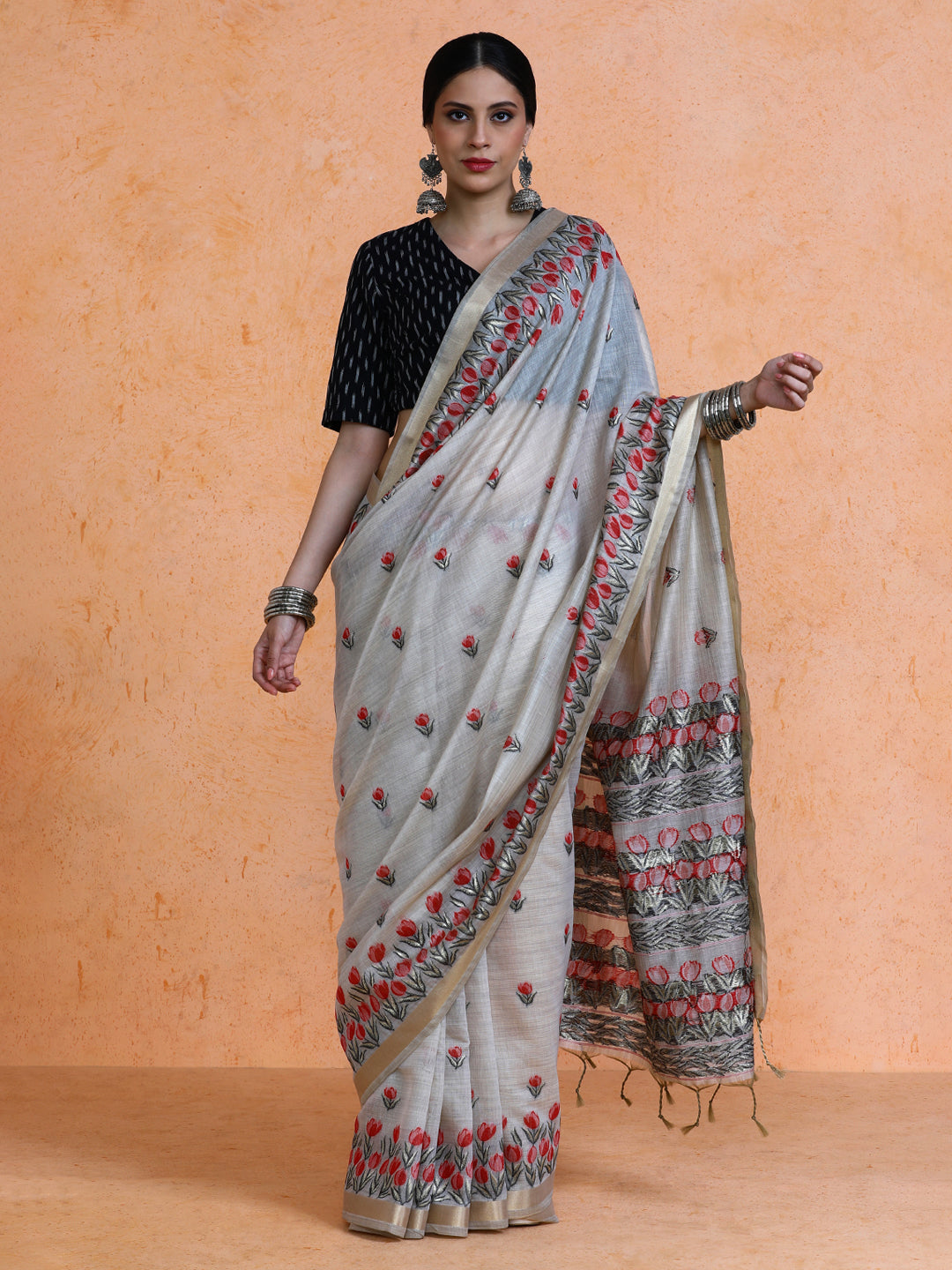 Aranya Cotton in Beige with Pink Motifs