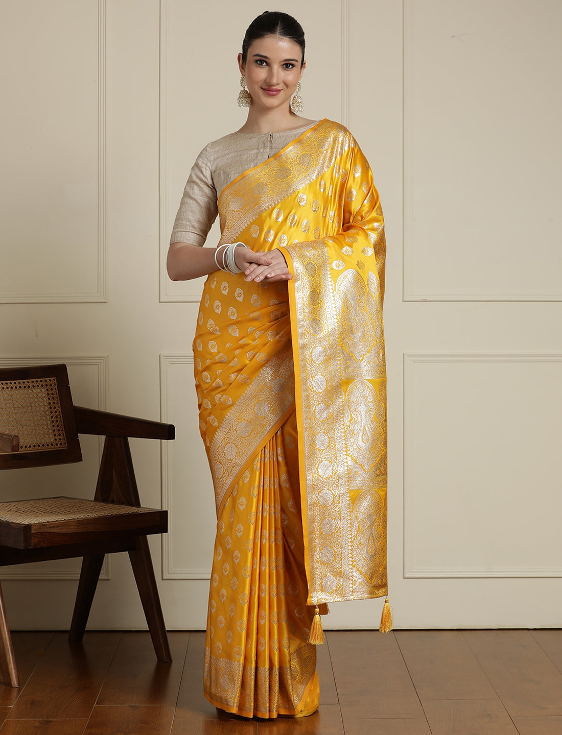 Ethnic Motifs Woven Design Zari Banarasi Saree in Yellow
