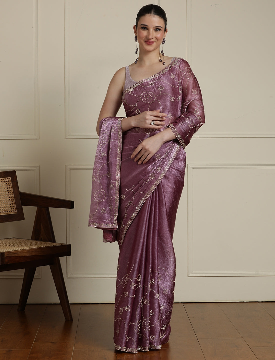 Embellished Saree With Unstitched Blouse in Pink