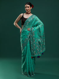 Sarha Ethnic Motifs Embroidered Muga Saree in Green