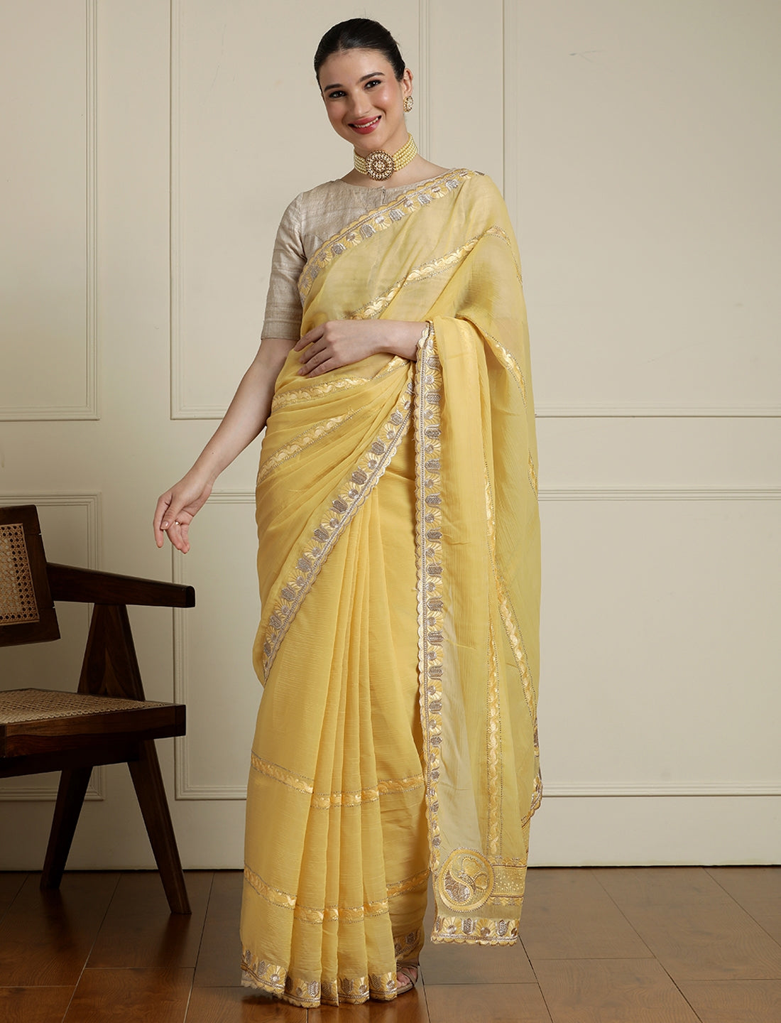 Zari Saree With Blouse in Yellow