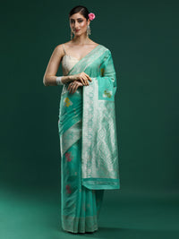 Woven Design Floral Chanderi Cotton Saree in Sea Green