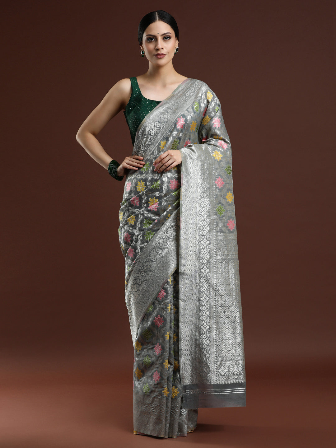 Woven Design Chanderi Cotton Saree inGrey
