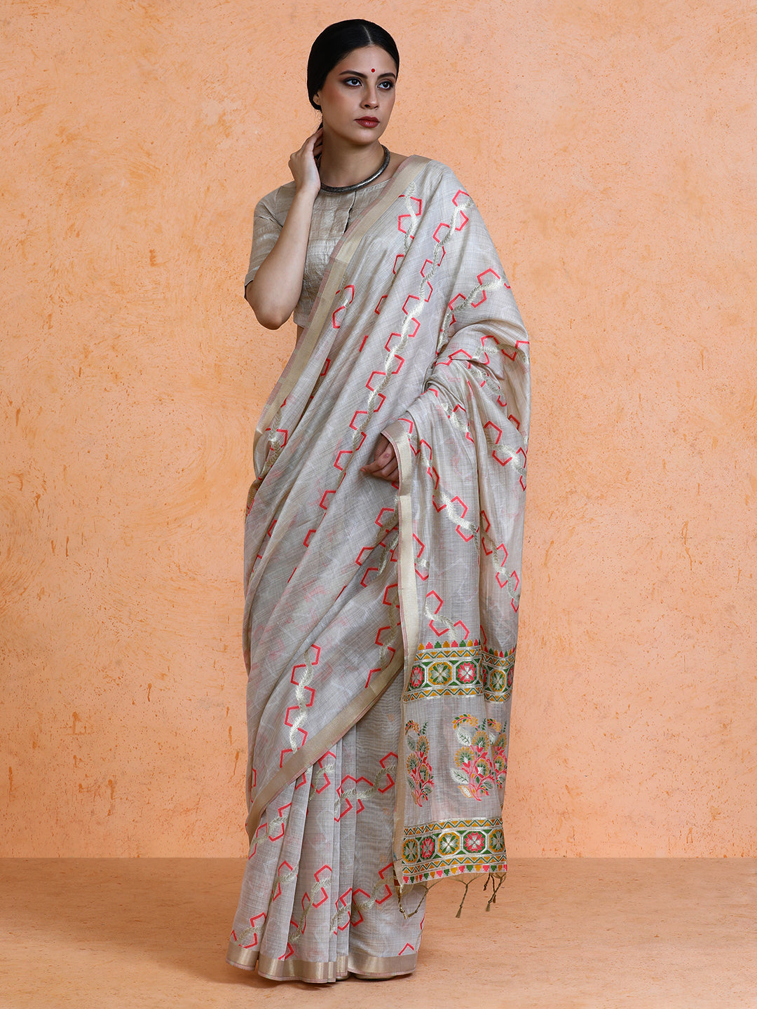 Devina Cotton in Beige with Coral Pink Motifs