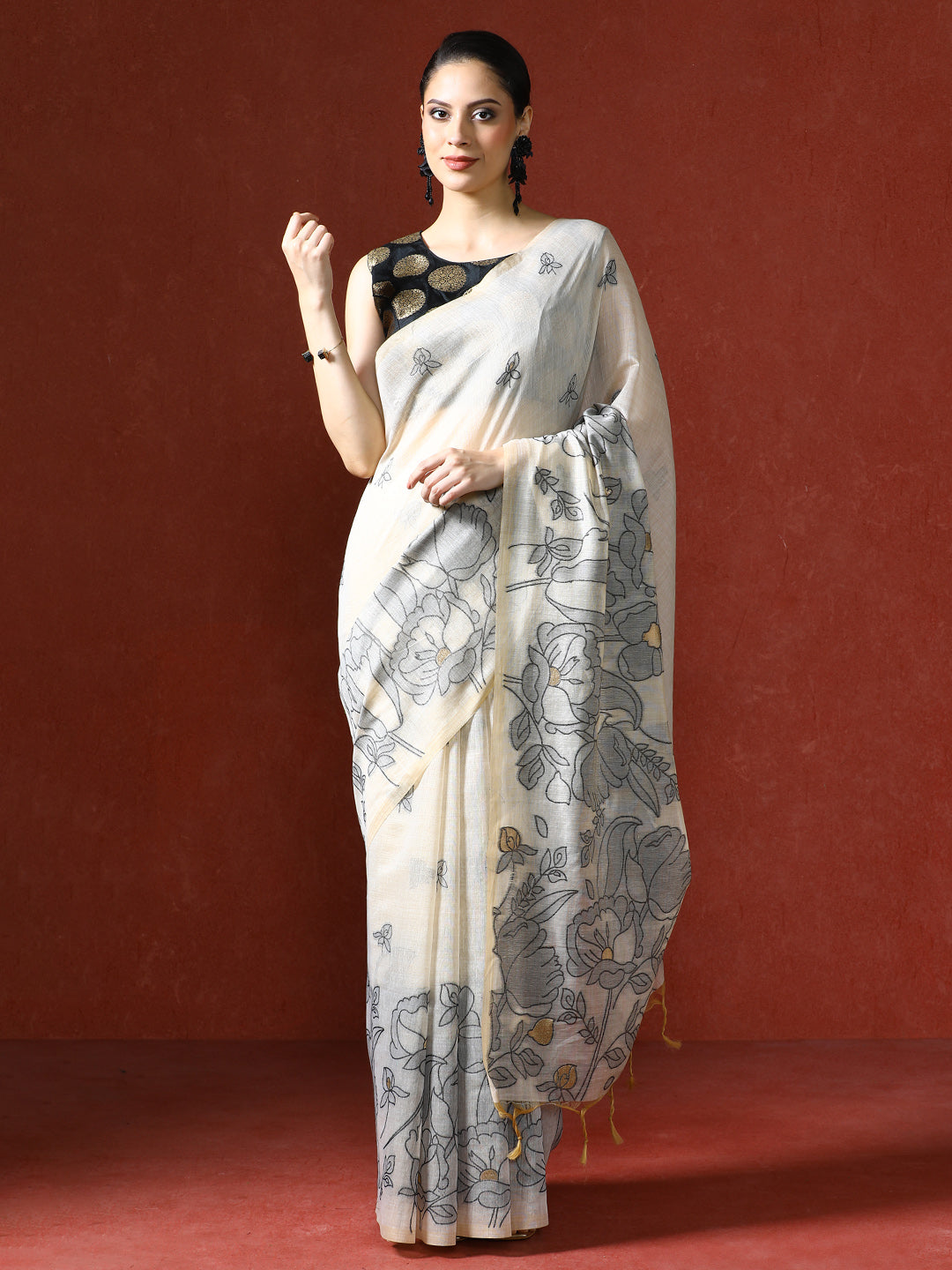 Floral Printed Zari Chanderi Saree in black