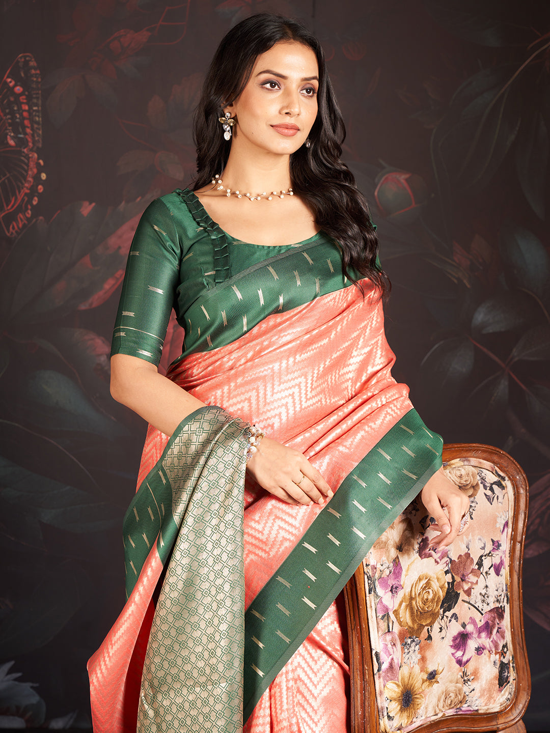 Vastra Silk In Forest Green And Pink