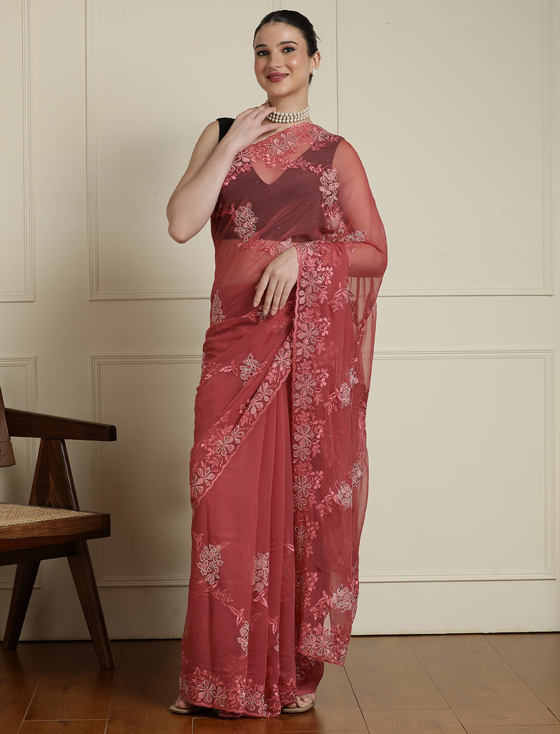 Embellished Saree With Unstitched Blouse in Pink