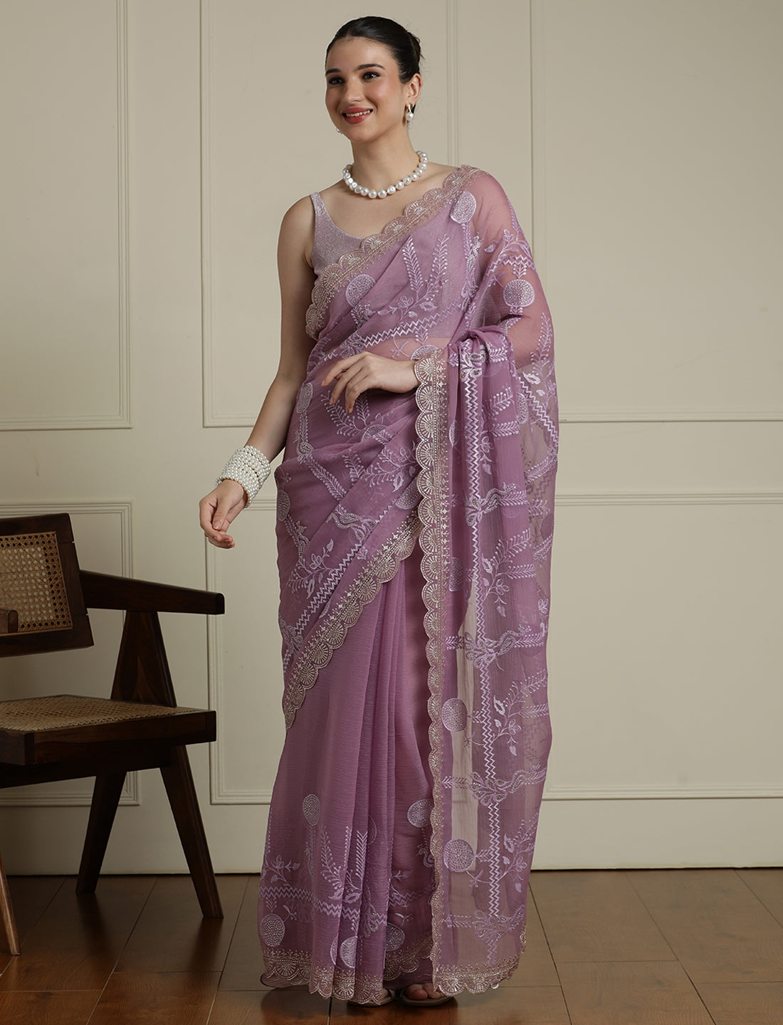 Ethnic Motifs Embroidered Saree in Purple