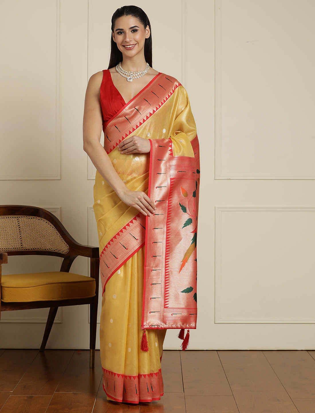 Floral Woven Design Zari Saree With Blouse Piece in Yellow and Orange