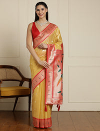 Floral Woven Design Zari Saree With Blouse Piece in Yellow and Orange
