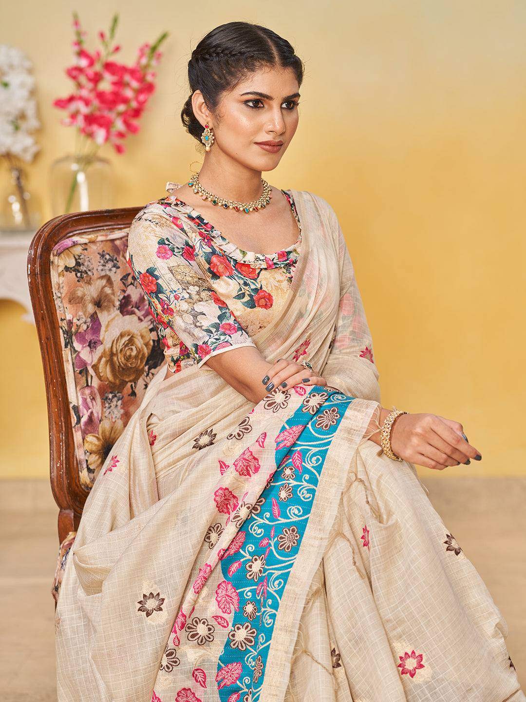 Sundari Cotton in Beige with Light Blue Motifs