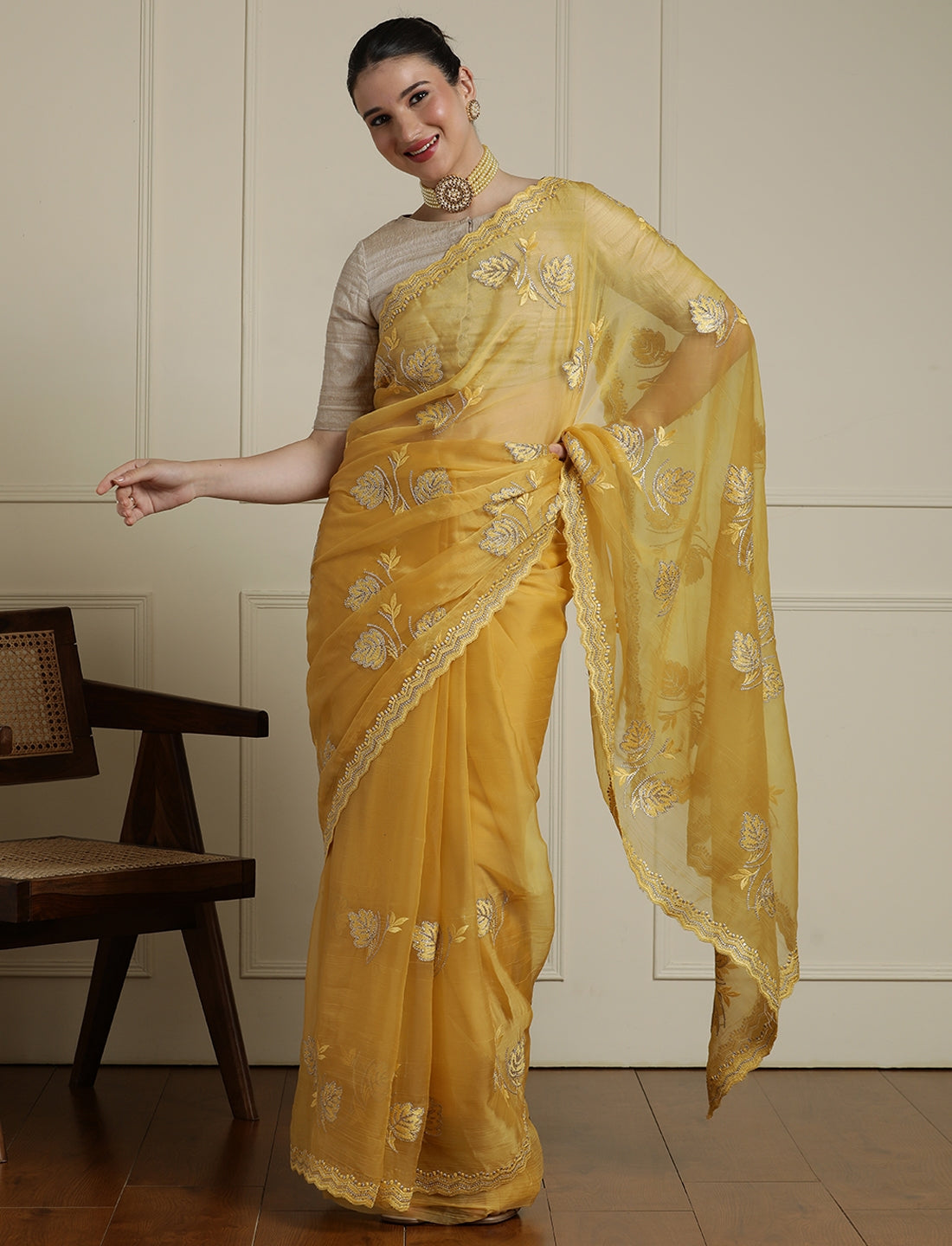 Floral Motifs Embroidered Saree with Unstitched Blouse in Yellow