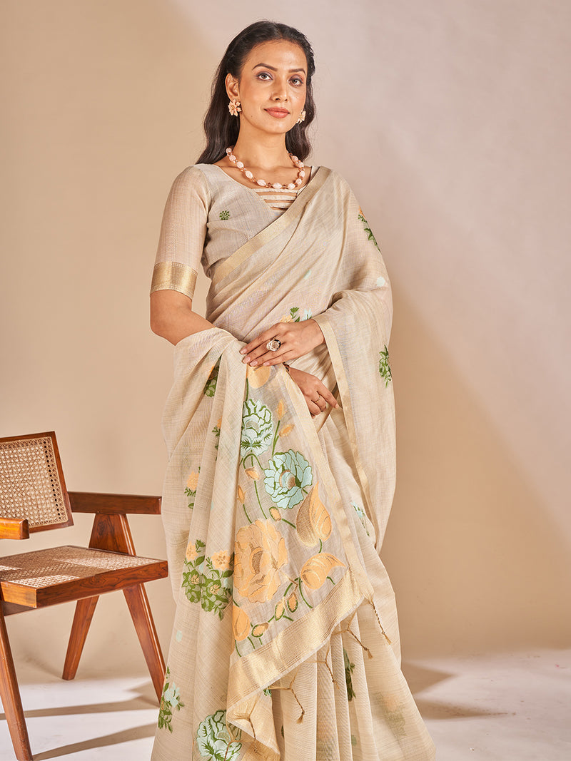 Leela Cotton In Beige With Green Motifs