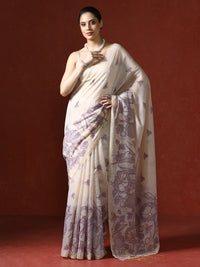 Floral Printed Zari Chanderi Saree in purple