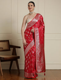 Women Paisley Woven Design Zari Banarasi Saree in Red