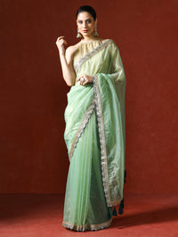 Embellished Satin Silk Sequinned With Tassles Saree in sea green