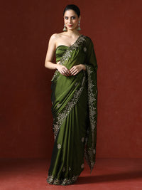 Ethnic Motifs Embroidered Sequinned Saree in green