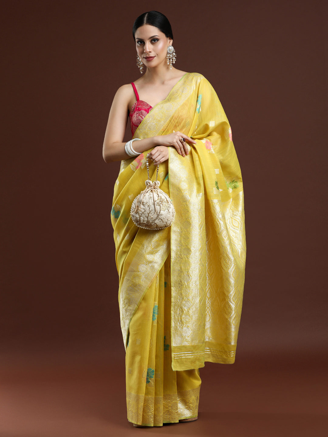 Woven Design Floral Chanderi Cotton Saree Yellow