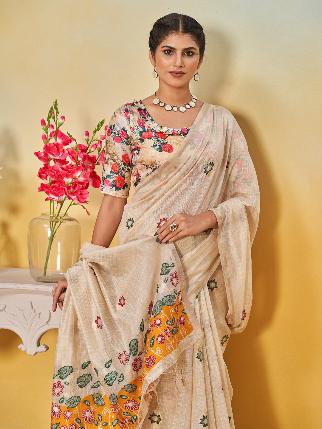 Sundari Cotton in Beige with Yellow Motifs