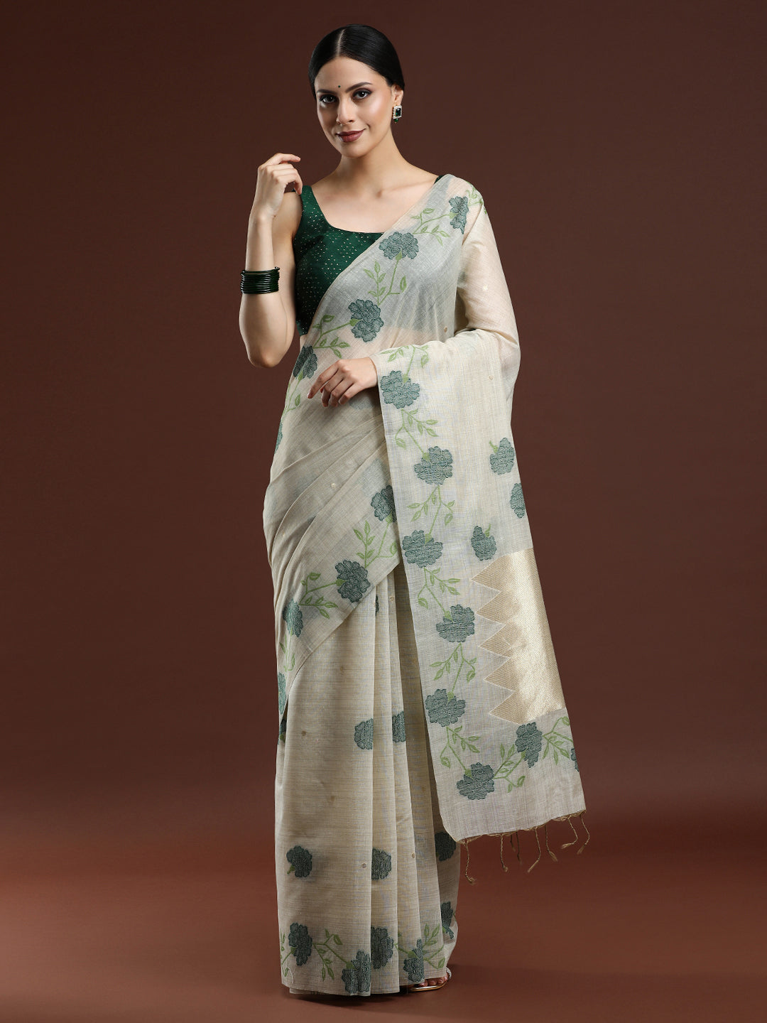 Woven Design Floral Muga Cotton Saree in Green Motifs