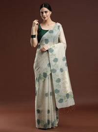 Woven Design Floral Muga Cotton Saree in Green Motifs