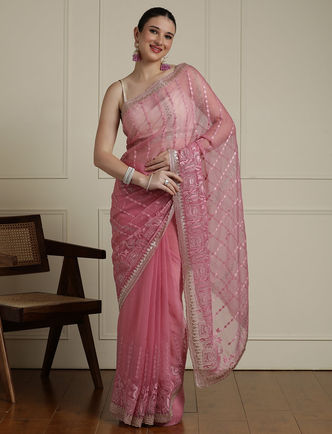 Ethnic Motif Woven Design Zari Indian Bridal Saree in Pink