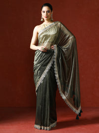 Embellished Satin Silk Sequinned With Tassles Saree in green