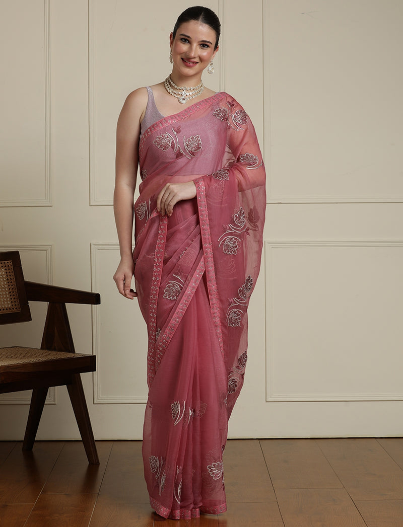 Woven Design Floral Motif Printed Saree With Blouse Piece in Pink