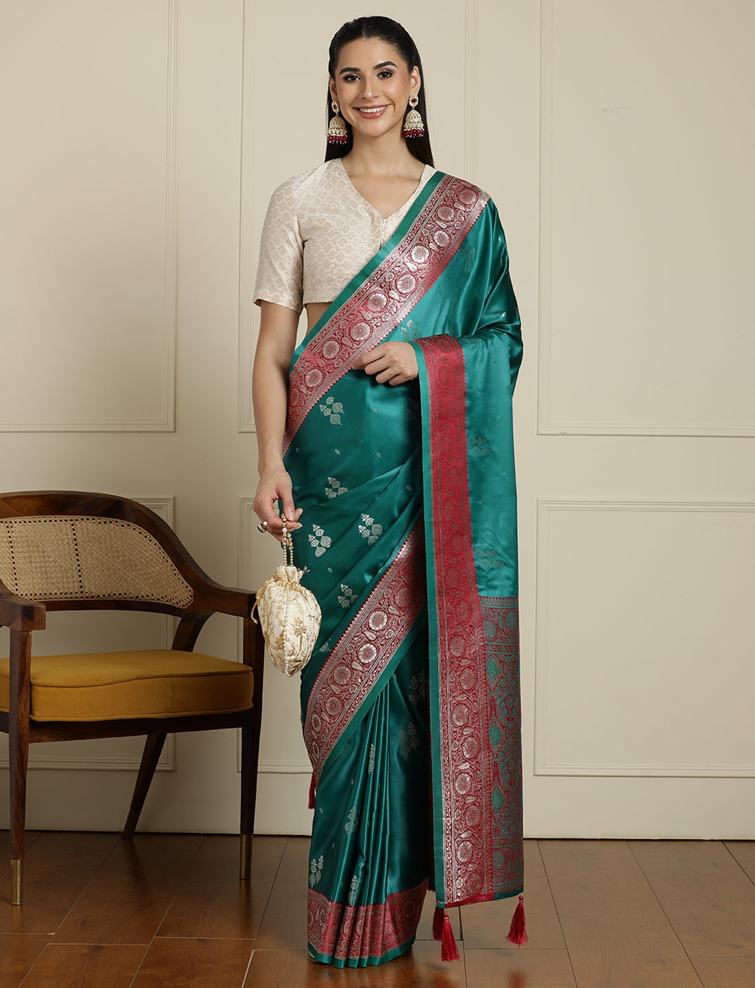 Ethnic Motifs Woven Design Banarasi Saree in Sea Green