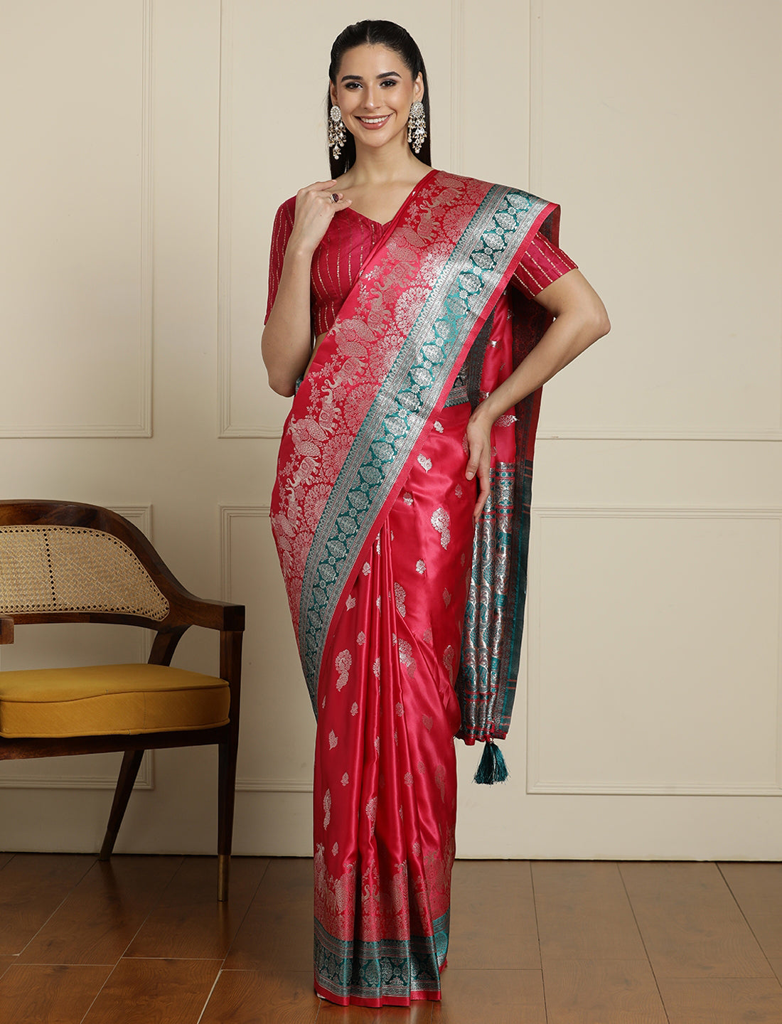 Ethnic Motif Woven Design Banarasi Saree in Pink